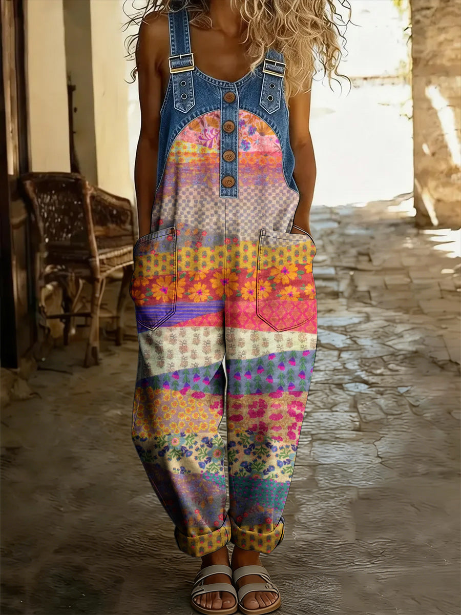 Women's Retro Floral Art Print Casual Jumpsuit